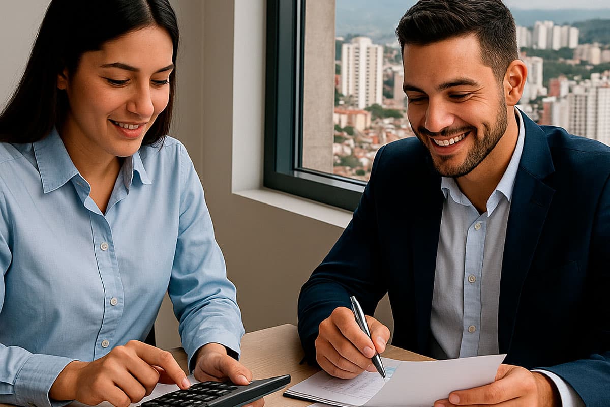 Dos asesores contables trabajando con documentos y calculadora frente al skyline de Bucaramanga