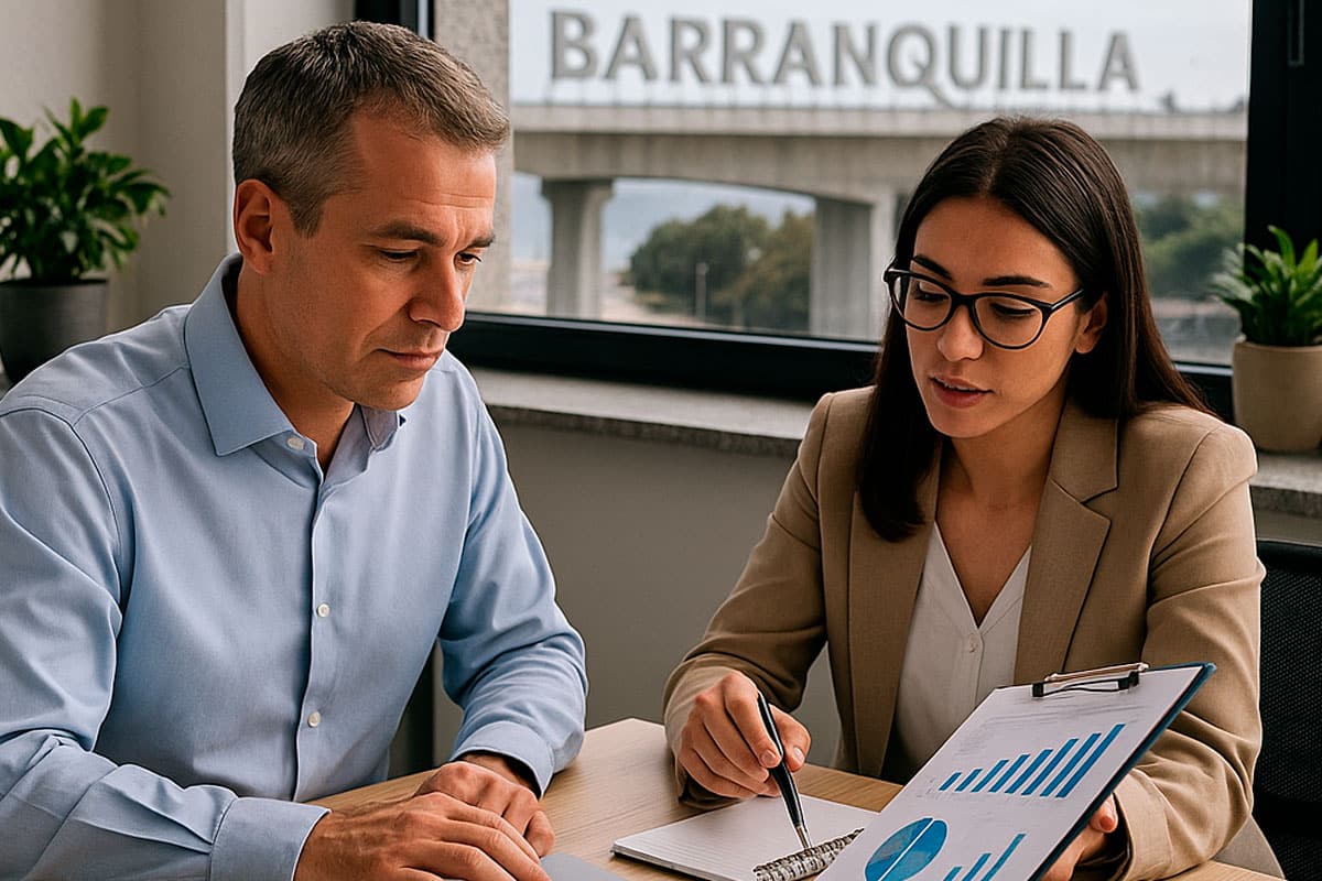 Dos asesores contables revisando gráficos financieros con vista al Puente Pumarejo y letrero de Barranquilla