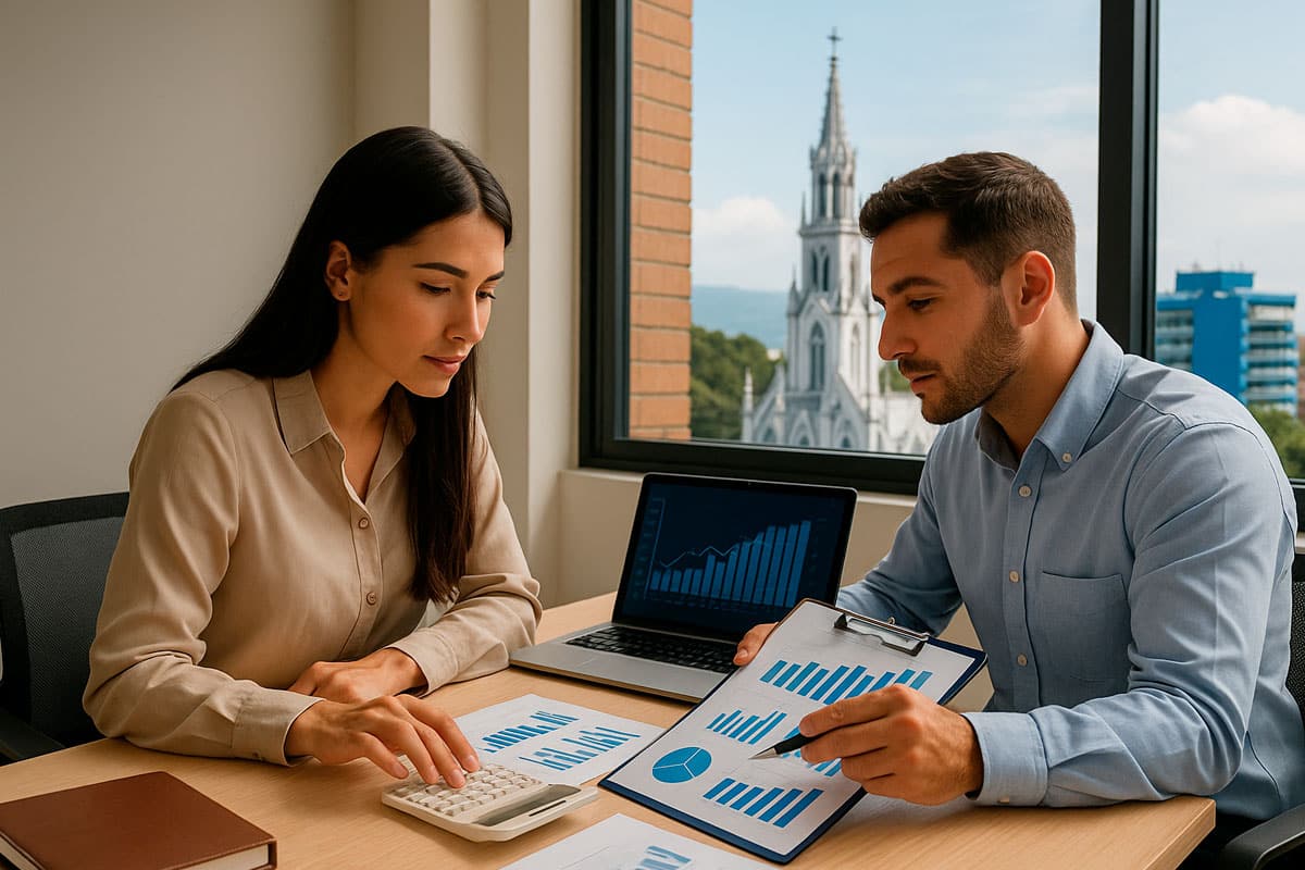 Dos asesores contables revisando gráficos financieros con vista a la iglesia La Ermita en Cali