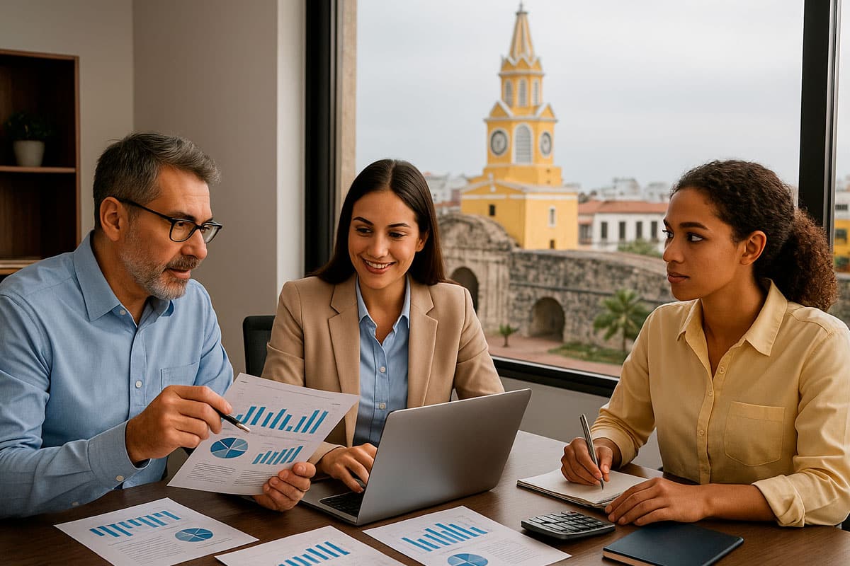 Tres asesores contables revisando informes financieros frente a la Torre del Reloj en Cartagena