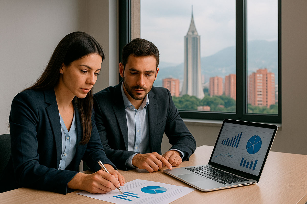 Tres asesores financieros trabajando en oficina en asesoría contable en Medellín